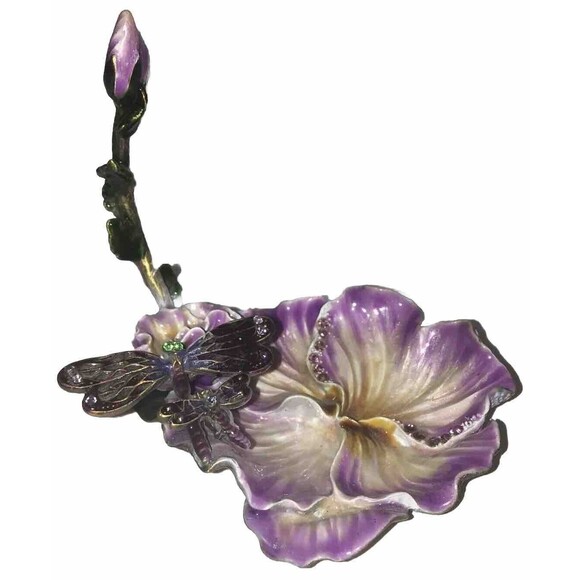 Dragonfly & Flower Ringholder Tray Trinket Enamel Over Heavy Metal With Crystals - Picture 2 of 8